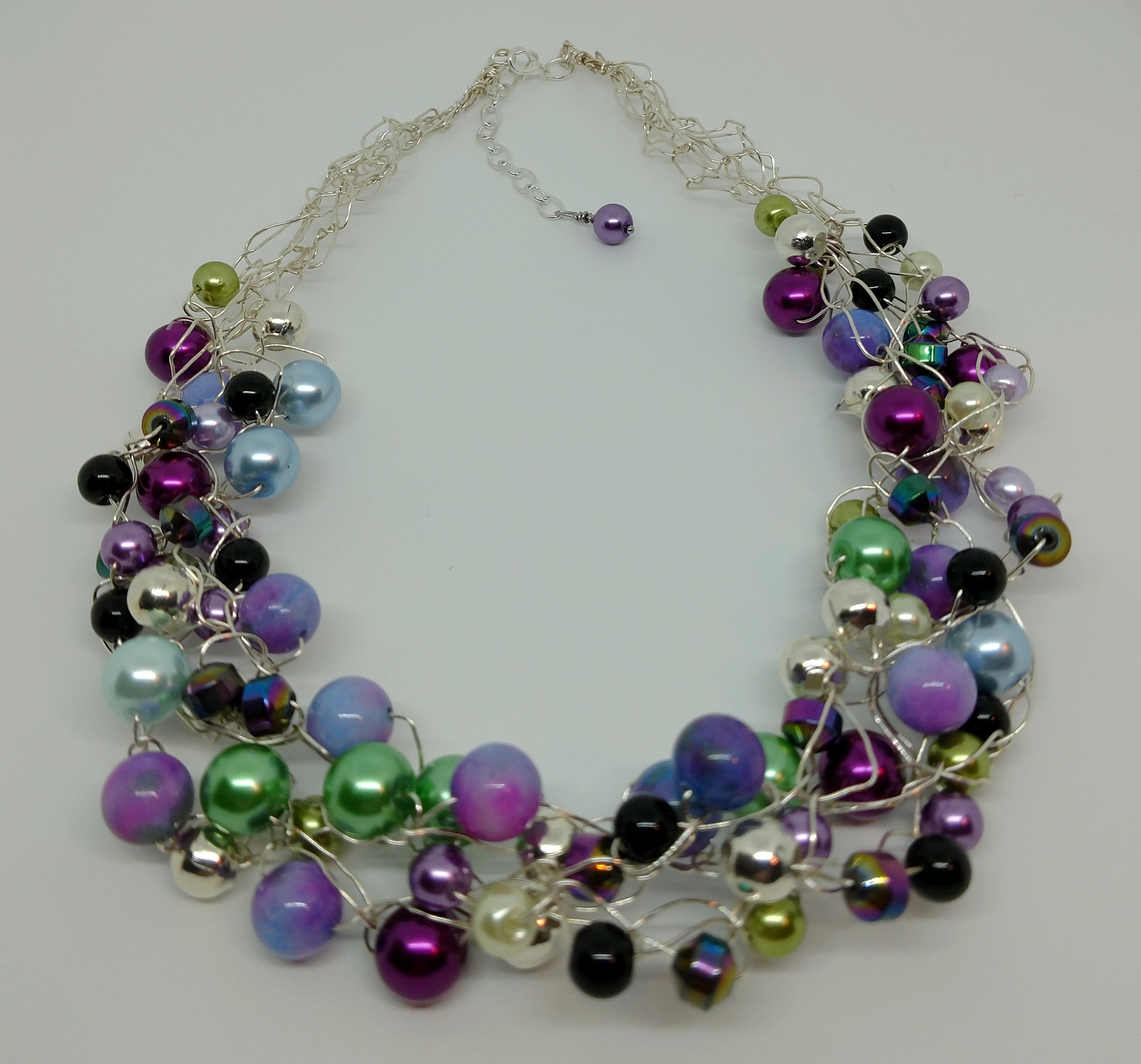 Download Women's chunky wire crochet beaded necklace. 20", adj. to 22". Silver tone wire, multi-color ...