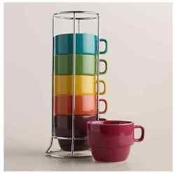 New Colored Stoneware Stackable Coffee Mugs Tea Cups Set Of 6 With New Colored Stoneware Stackable Coffee Mugs Tea Cups Set Of 6 With Metal Rack