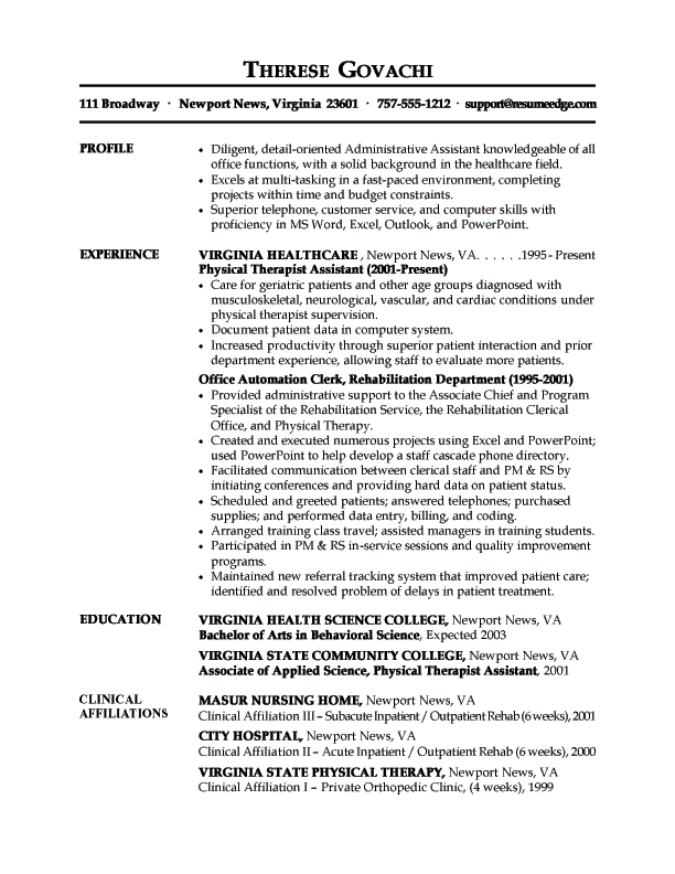 Administrative Asistant Hospital Resume Virginia Healthcare Resume Example Resumesdesign Medical Assistant Resume Resume Objective Sample Administrative Assistant Resume