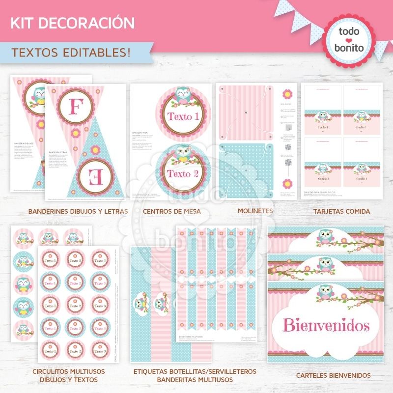 Búhos nena: kit imprimible decoración de fiesta - Todo Bonito Baby Shower, Origami, Diagram, Bullet Journal, Printables, Party, Angelica, Naomi, Owls