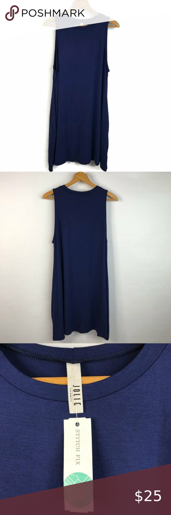 Jolie Vivie Knit Dress Blue Stretch Crew Neck XL Black