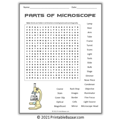 Parts Of Microscope Word Search Puzzle Worksheet PDF | Word search