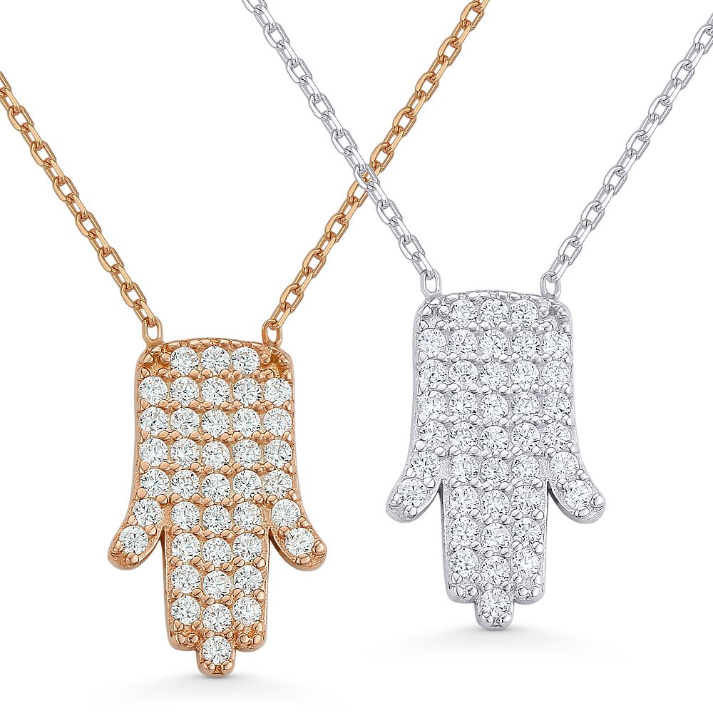 Hamsa Hand Evil Eye Charm CZ Crystal Pendant /& Necklace in .925 Sterling Silver