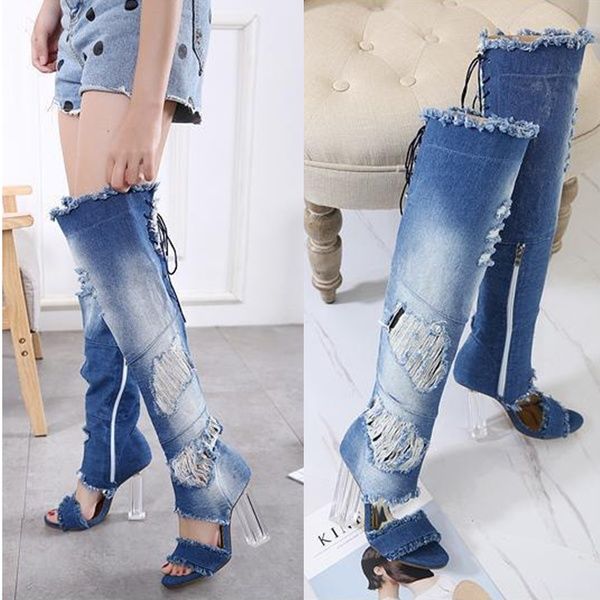 denim and clear heels