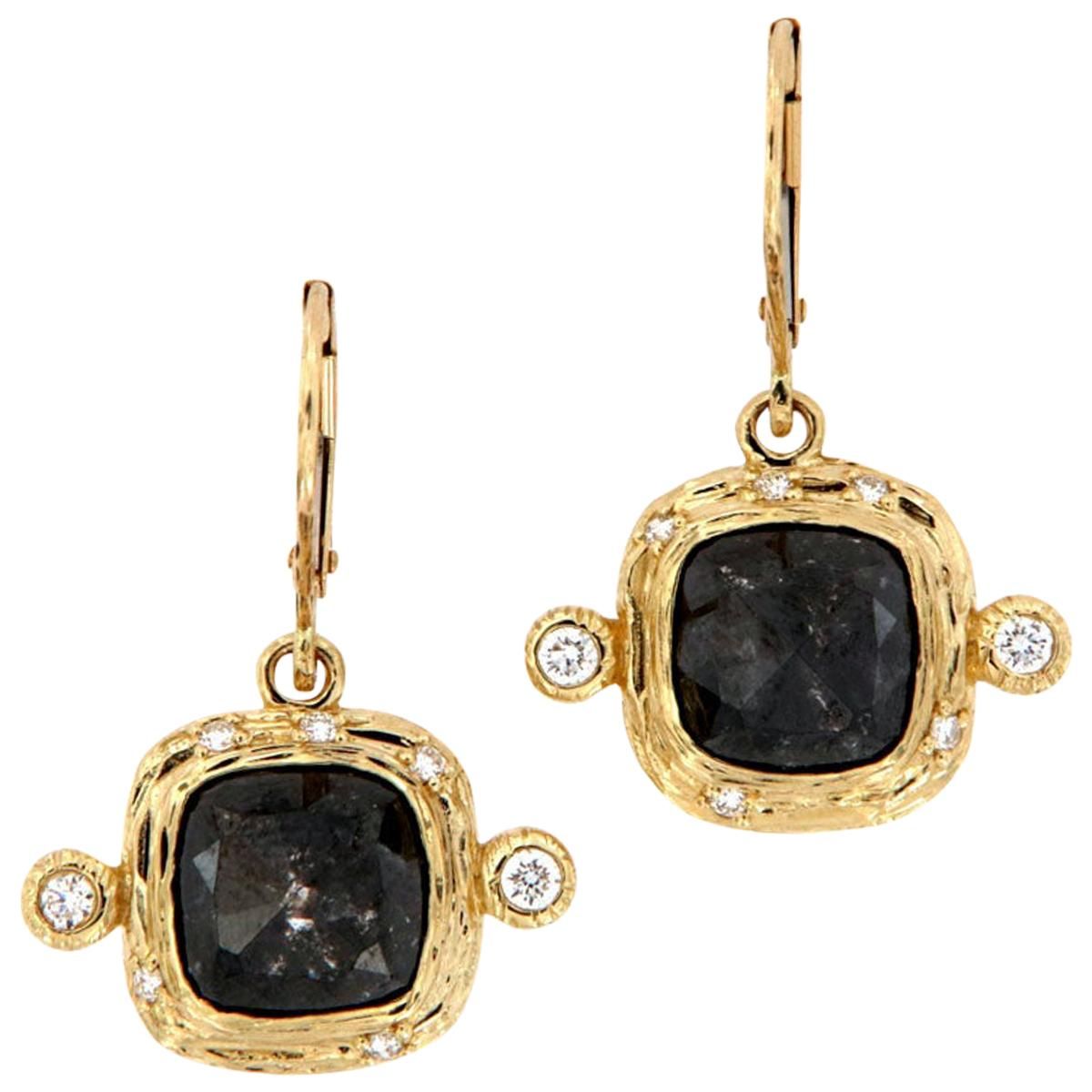 From our exclusive Alpinia collection, we are proud to present this handcrafted One-Of -A-Kind organic design dangling earrings. An exotic combination of a Cushion shape Rose cut Salt & Pepper natural diamond, and few round brilliant round cut diamonds bead set scattered around the outer circle, which measures at 9.4X9.4MM. Our designers chose to set two round brilliant diamond on top of each Cushion crown. Wear Art & Experience the difference in person! Product details: Center Gemstone Type: NA Round Brilliant Diamond, Round Cut Diamond, Dangle Earrings, Pendant Necklace, Gold Cushions, Organic Design, Salt And Pepper Diamond, Diamond Carat Weight, Center Diamond