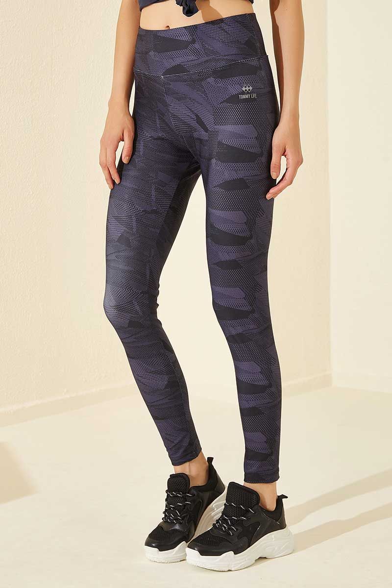 Mor Kadin Yuksek Bel Desenli Dalgic Kumas Slim Fit Dar Paca Tayt 94547 Tommy Life Taytlar Fit Mor