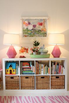 pretty way to organize and dress up basic cube shelving from Target or Ikea for ...