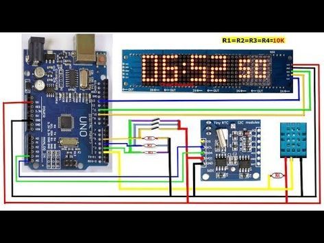 MAX7219 LED Matrix Display & RTC DS1307 - dht11 - Arduino VCC→5V GND→GND DIN→11 CS →10 CLK→13 Schema ARDU... #logicboard