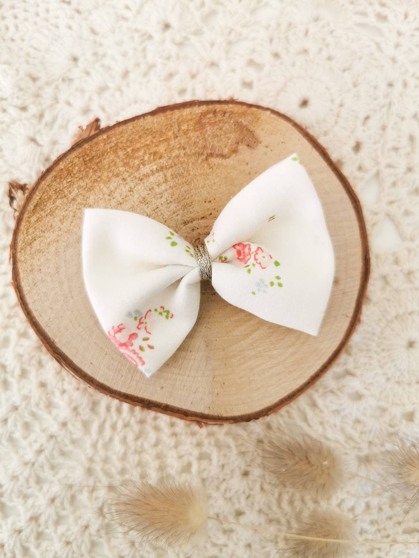 Old rose liberty bow bar, gold yarn, birth gift hair accessory, handmade