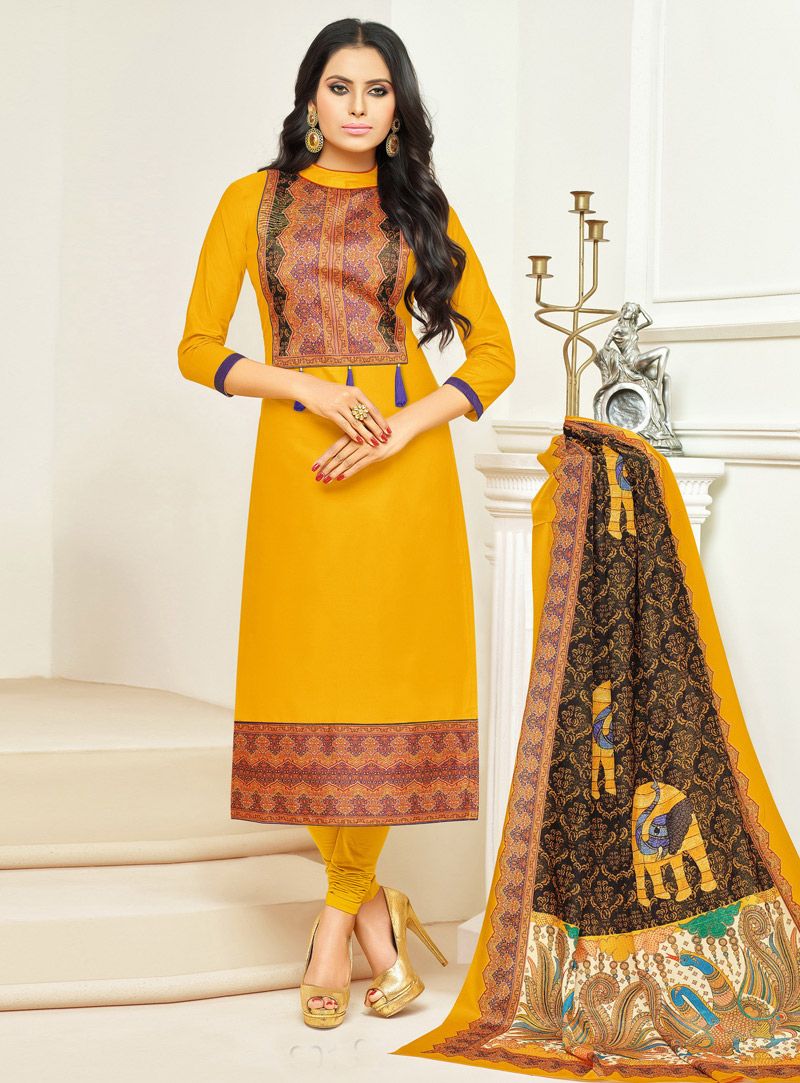 Yellow Cotton Churidar Salwar Suit 118563 | Latest salwar kameez designs, Bollywood dress
