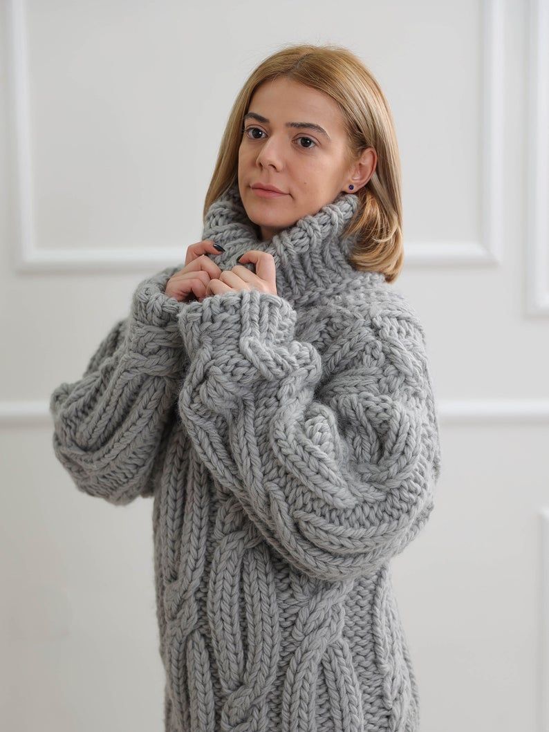 Grey turtleneck wool sweater,Warm winter chunky pullover Cable knit cardigan Long sleeve oversize top Chunky calbe knit sweater