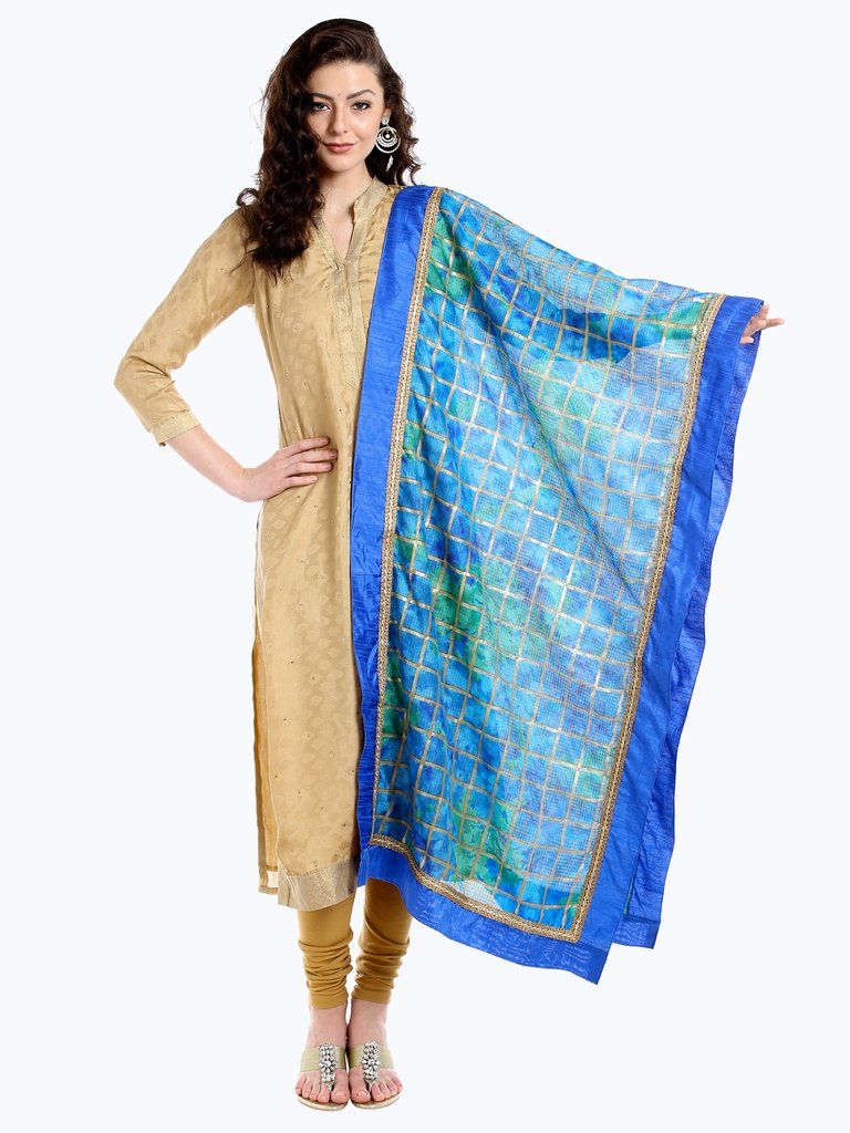 The beauty of this dupatta lies in the ethnic fabric of Kota Doria(Traditional Yarn Dyed Checks) employed to churn out fine, light weight and aesthetically appealing dupatta Blue Gold, Green And Gold, Festival Wear, Kota, Yarn Dyeing, Indian Wear, Lady In Red, Appealing, Flowy