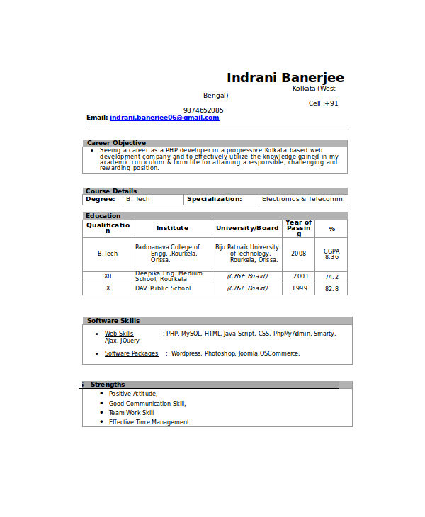 B Tech Fresher Resume Templates (1 di 2020 (Dengan gambar)