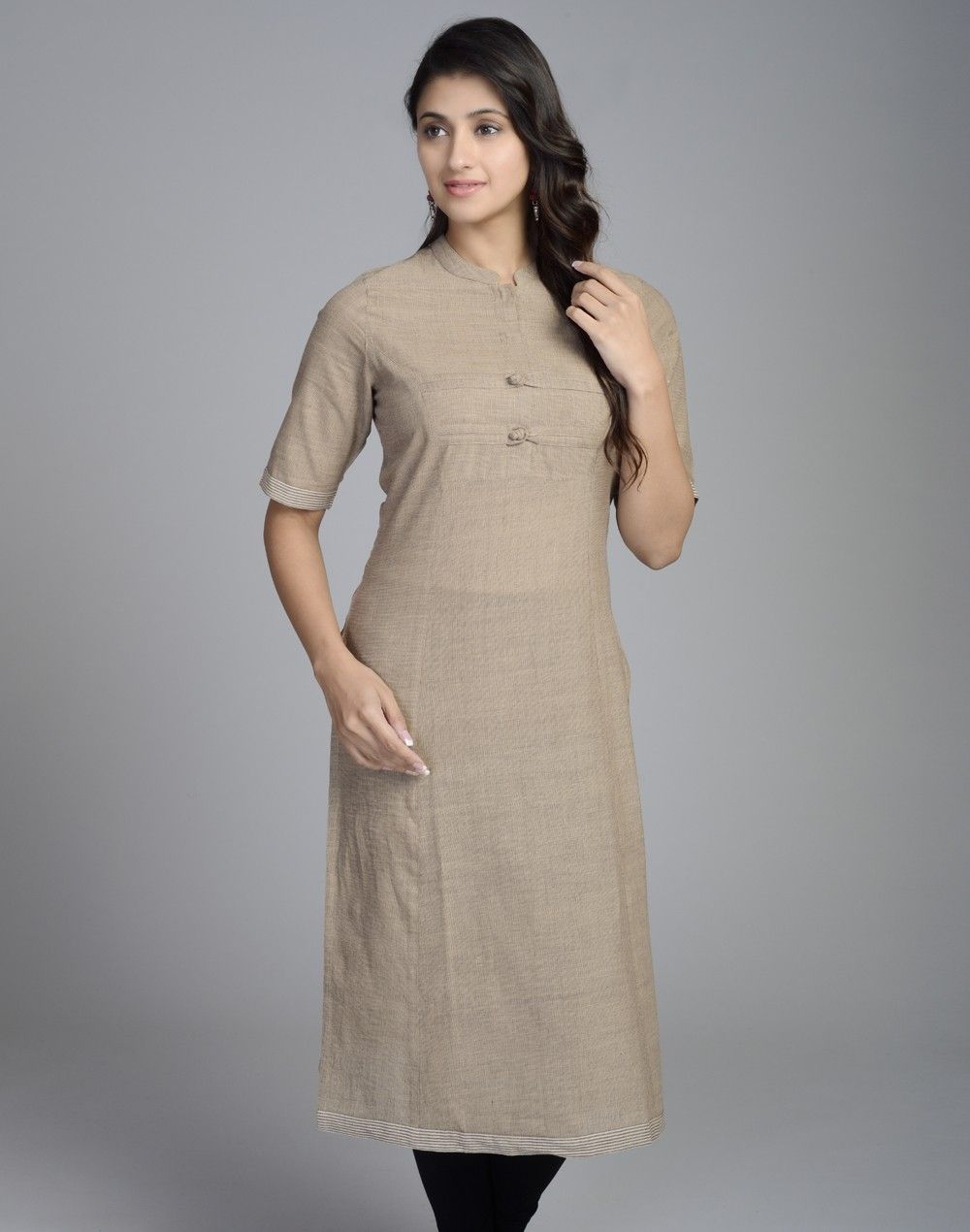 Cotton Khadi Elbow Sleeves Border Long Kurta | Hijabi fashion, Indian ...