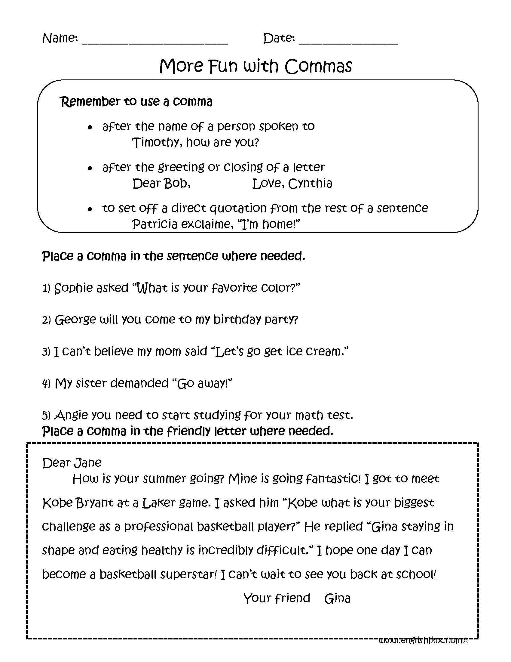 Sentences With Commas Worksheet