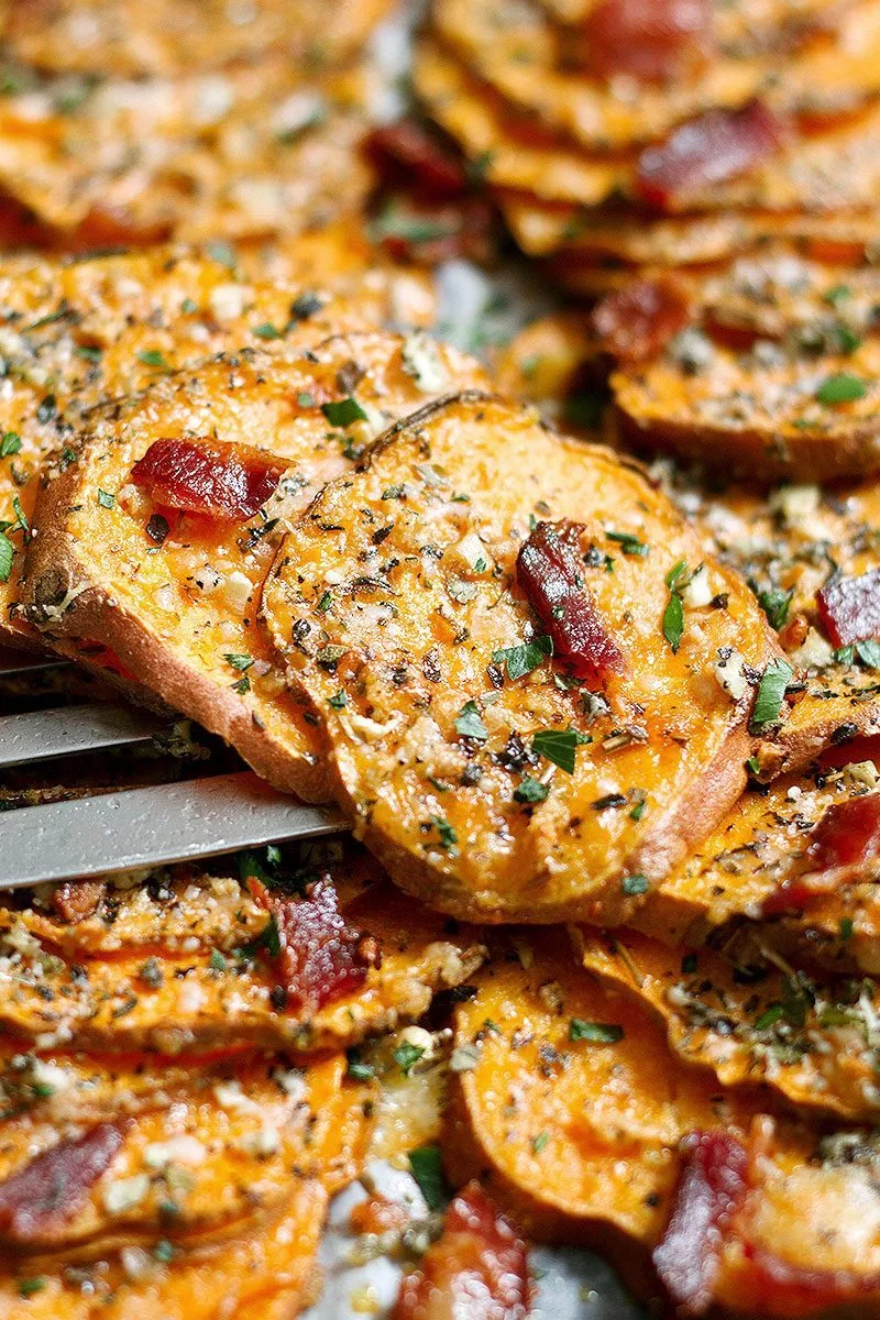 Garlic Parmesan Roasted Sweet Potatoes - #sweet-potato #recipe #eatwell101 - This roasted sweet potatoes recipe makes for a quick easy side for any occasion. You'll never wan to make roasted sweet potatoes differently! - #recipe by #eatwell101® Potato Side Dishes, Vegetable Side Dishes, Vegetable Recipes, Vegetarian Recipes, Cooking Recipes, Sweet Potato Side Dish, Drink Recipes, Beef Recipes, Soup Recipes