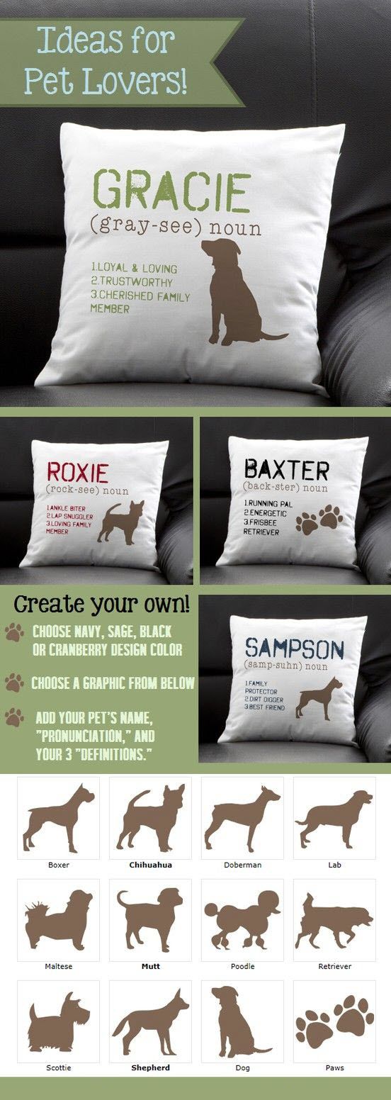 This pillow is so cute! I love how you can personalize it with your own dog's name "pronunciation" and "definition" so you can fit it with your dog's personality perfectly! This site has the greatest pet gifts or gifts for pet lovers! Dog Throw, Throw Pillows, Dog Pillows, Cushions, I Love Dogs, Puppy Love, Lou Dog, Dachshund Funny, Funny Pets