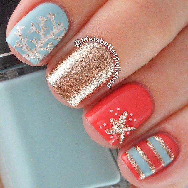 Tiffany Blue And Coral Ocean Inspired Nautical Nails With Gold Tiffany Blue and Coral Ocean Inspired Nautical Nails With Gold Starfish and Shimmer - Tiffany Blue And Coral Ocean Inspired Nautical Nails With Gold