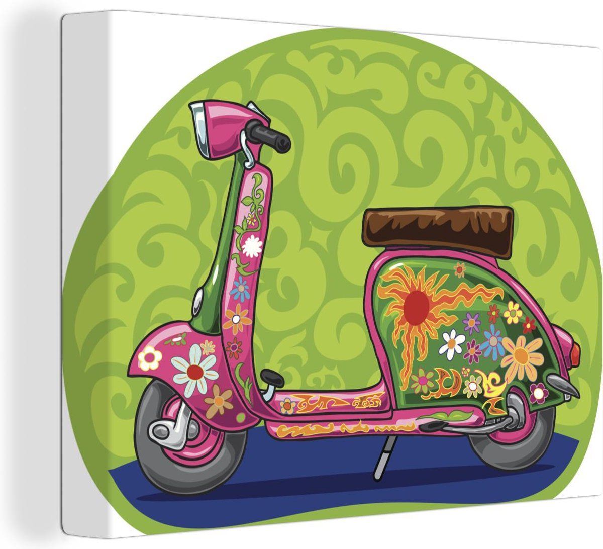 Op deze indrukwekkende illustratie is een Vespa scooter te zien met bloemen erop. De achtergrond is groen. Productkenmerken ✓ In verschillende formaten verkrijgbaar van klein (20x30 cm) tot XL (120x180 cm)✓ 98.9% van de klanten is positief over OneMillionCanvasses!✓ Gespannen op een houten frame van 2 cm dik✓ Optioneel is er een handig ophangsysteem bij te bestellen✓ Wanddecoratie geschikt voor uw: slaapkamer, woonkamer, kinderkamer, kantoor, hal, keuken en iedere andere kamer in uw huis of bed Vespa Scooters, Enamel Pins, Prints, Poster, Products, Fashion Styles, Billboard, Gadget