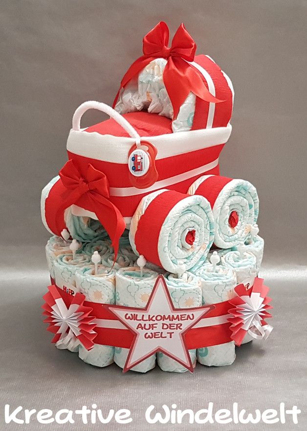 Windeltorte Windelwagen Mädchen Junge rot Baby Geschenk zur Taufe Geburt