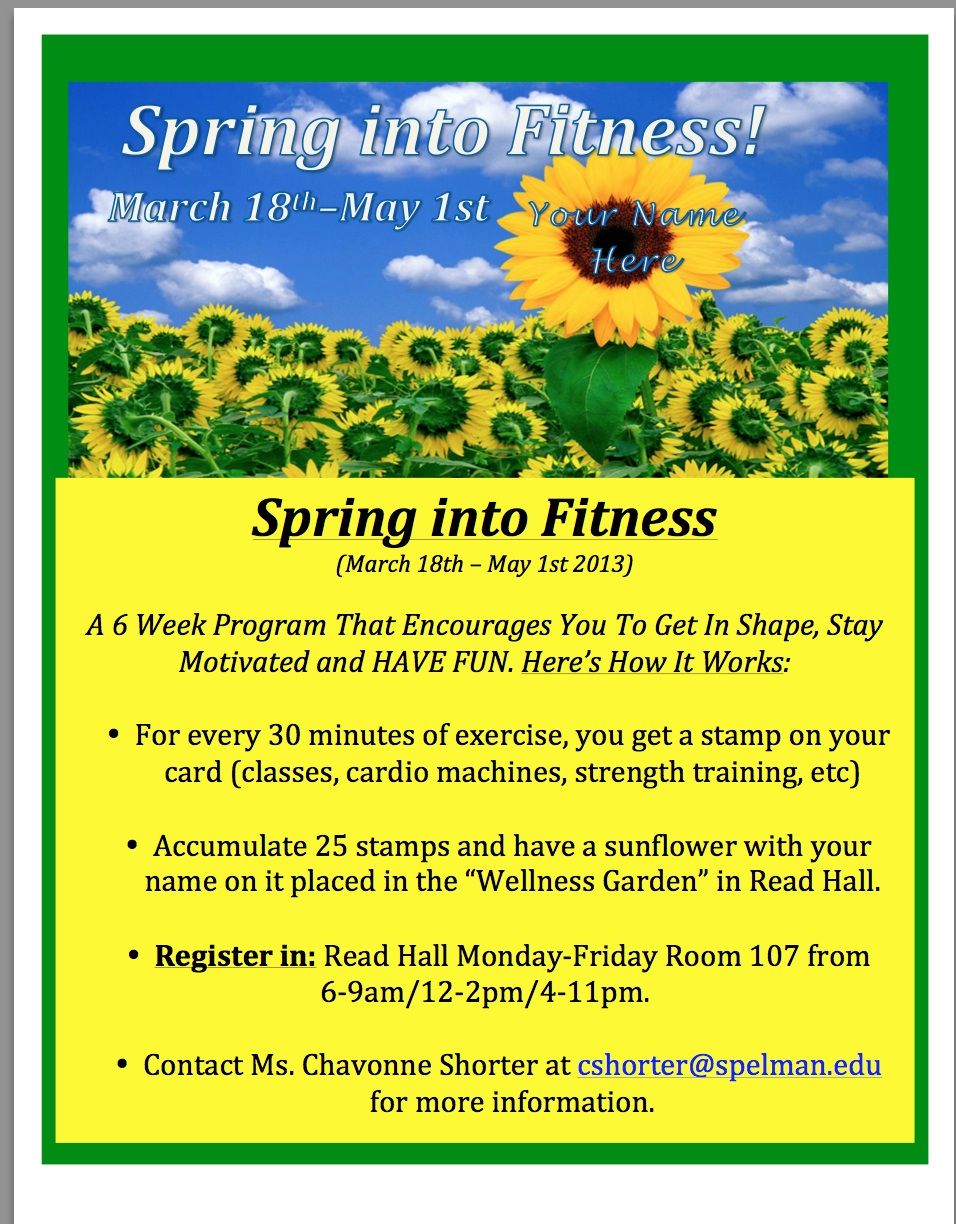 spelman wellness spring into fitness flyer incentive spelman spring gym flyer