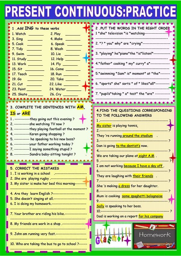 Present continuous 2 page and 9 exercise practice