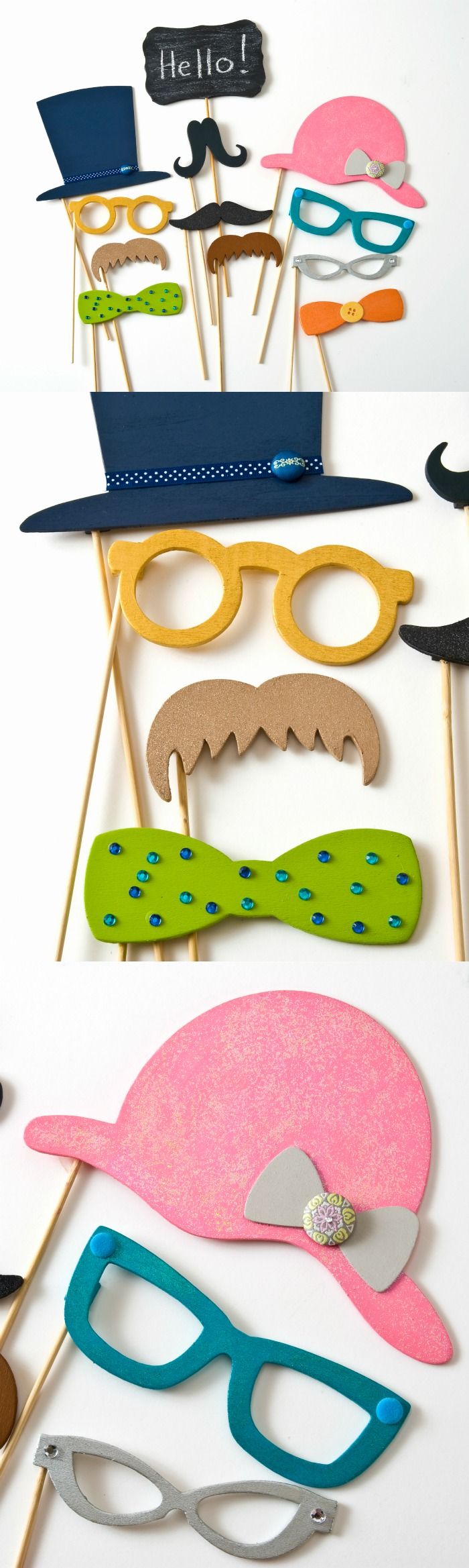 Do you want to incorporate a photo booth in an upcoming wedding, baby shower, or birthday party? These colorful DIY photo booth props are easy to decorate! You'll love the funny faces you can shoot with them. Diy Photo Booth Props, Wedding Photo Props, Party Photo Booth, Party Props, Party Themes, Photo Booths, Party Ideas, Wedding Photos, Diy Ideas