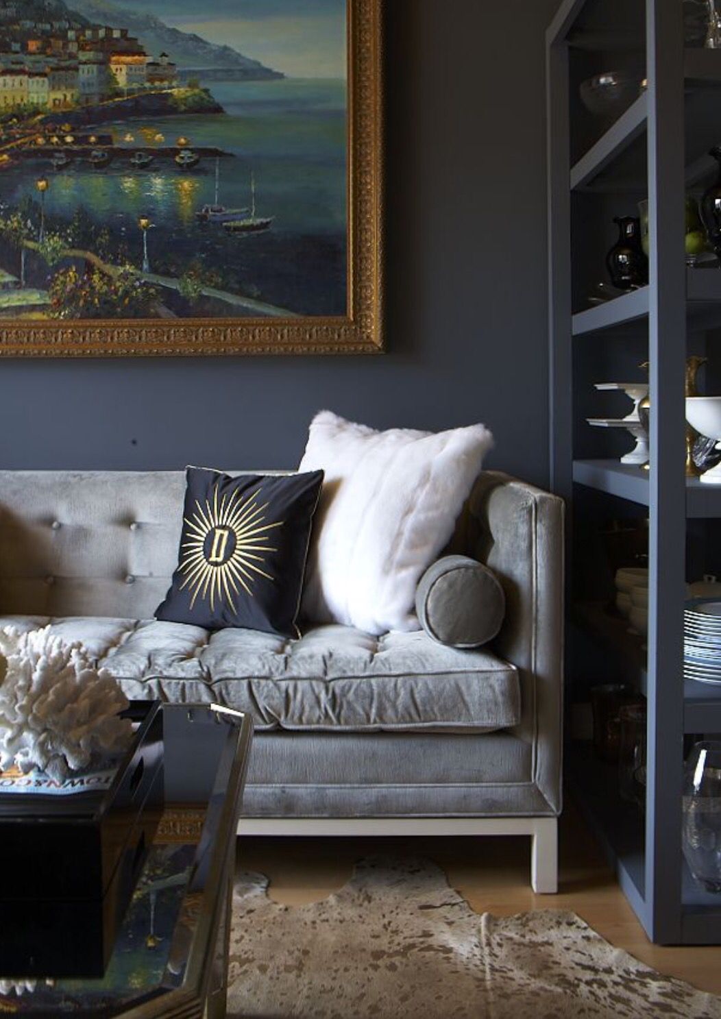Pin By Shandra Hardee On Sofas Dark Interiors Grey Sofa Living Room House And Home Magazine