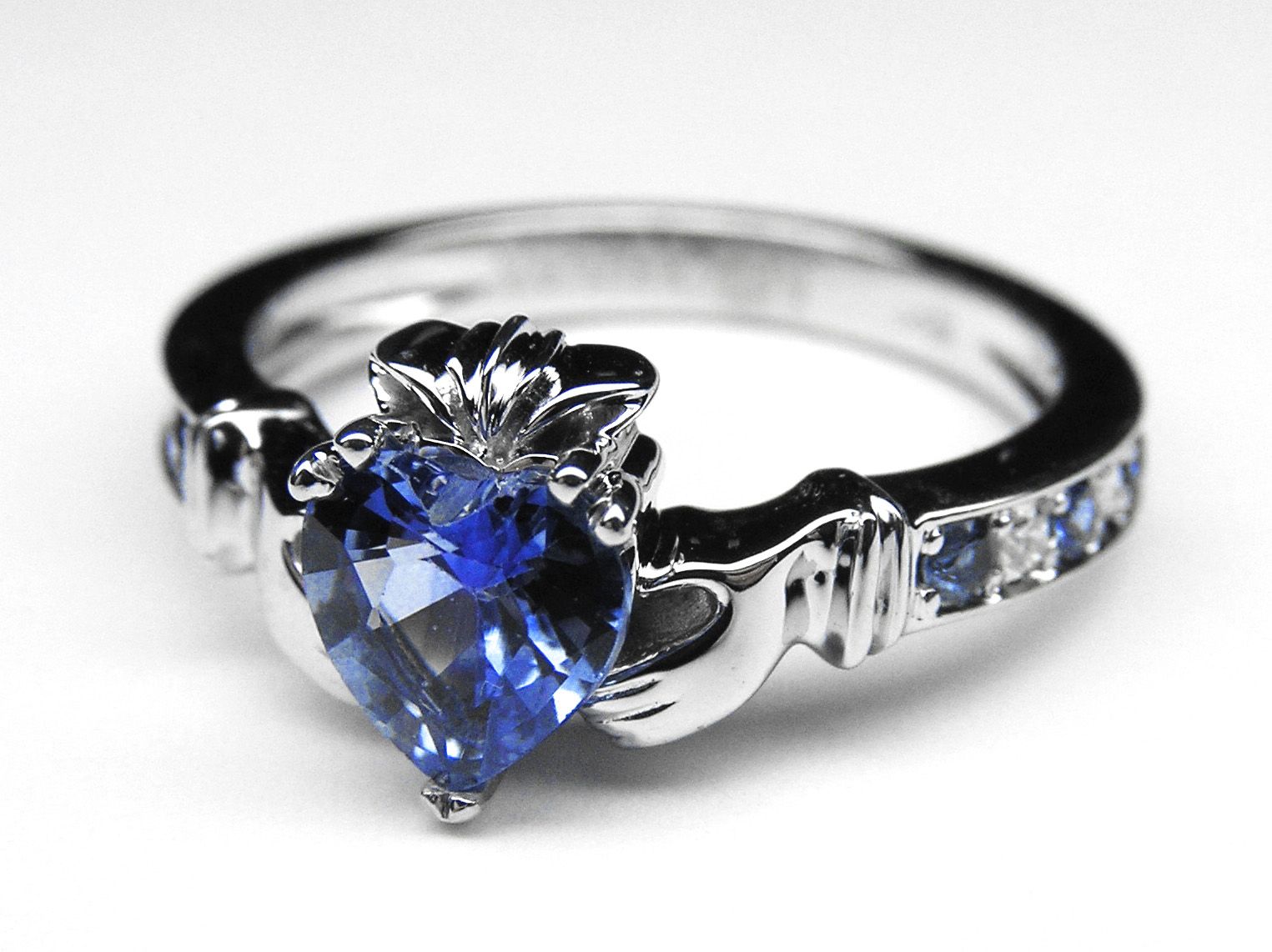 Claddagh Ring Heart Blue Sapphire 14K White Gold Ring with