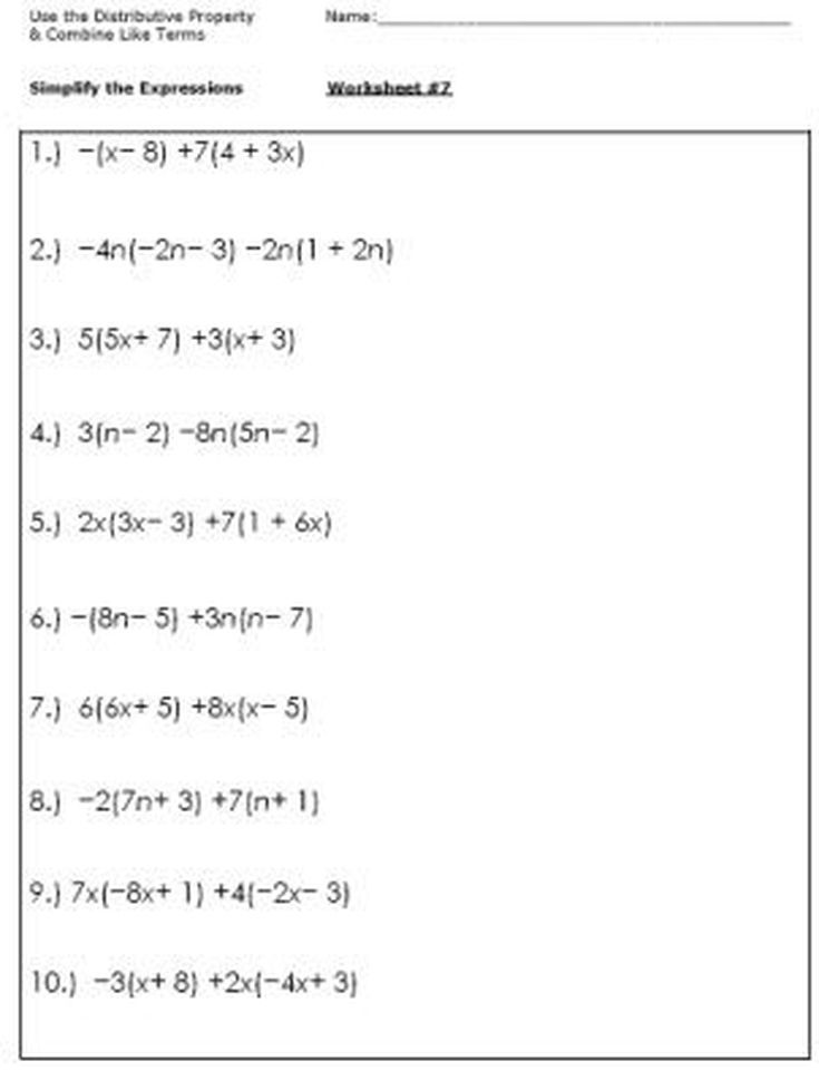 Algebra Simplifying Expressions Worksheet