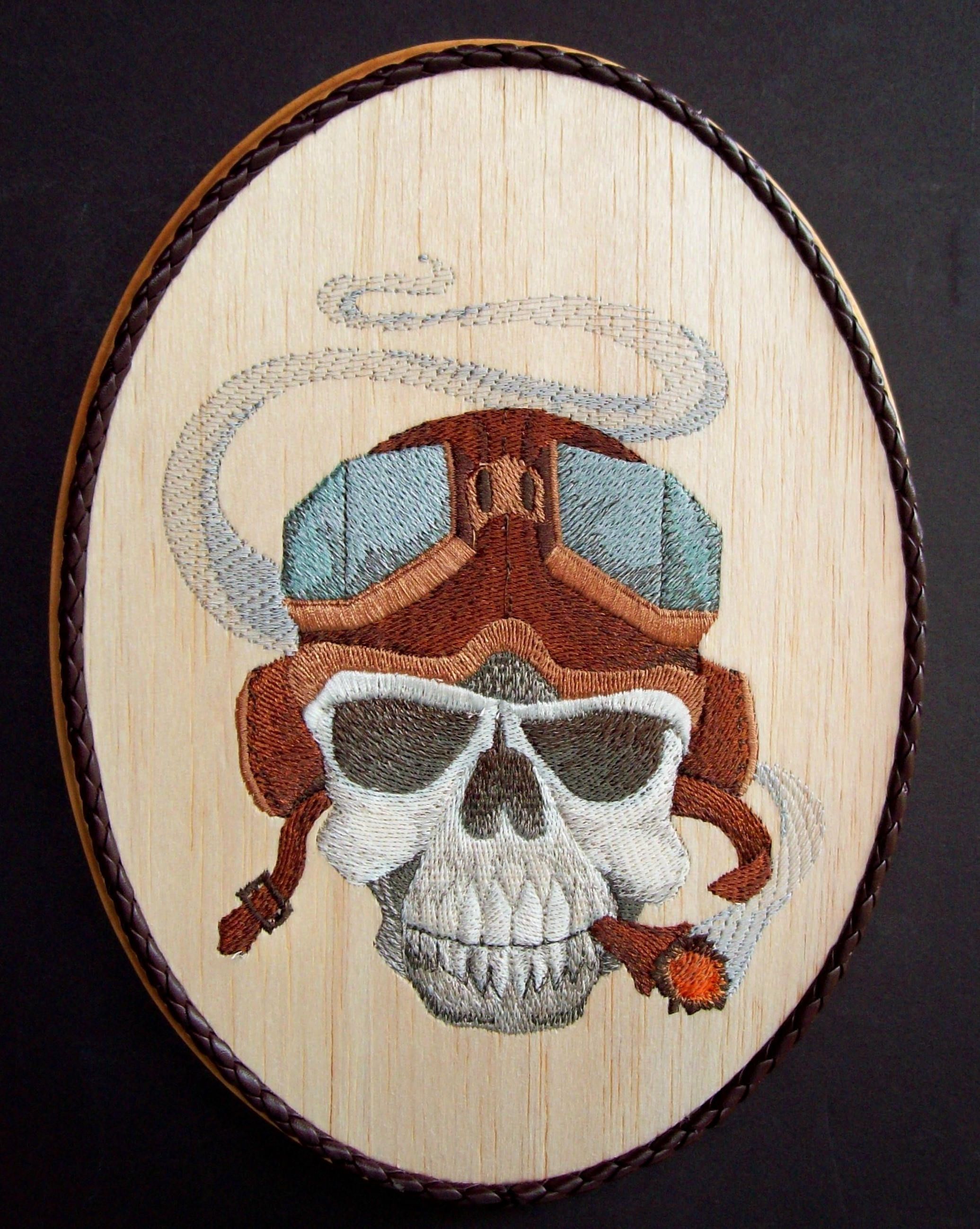 Skull Embroidery On Wood, Man Cave Decor, Steampunk Decor, Gothic Skull Embroidery On Wood, Man Cave Decor, Steampunk Decor, Gothic