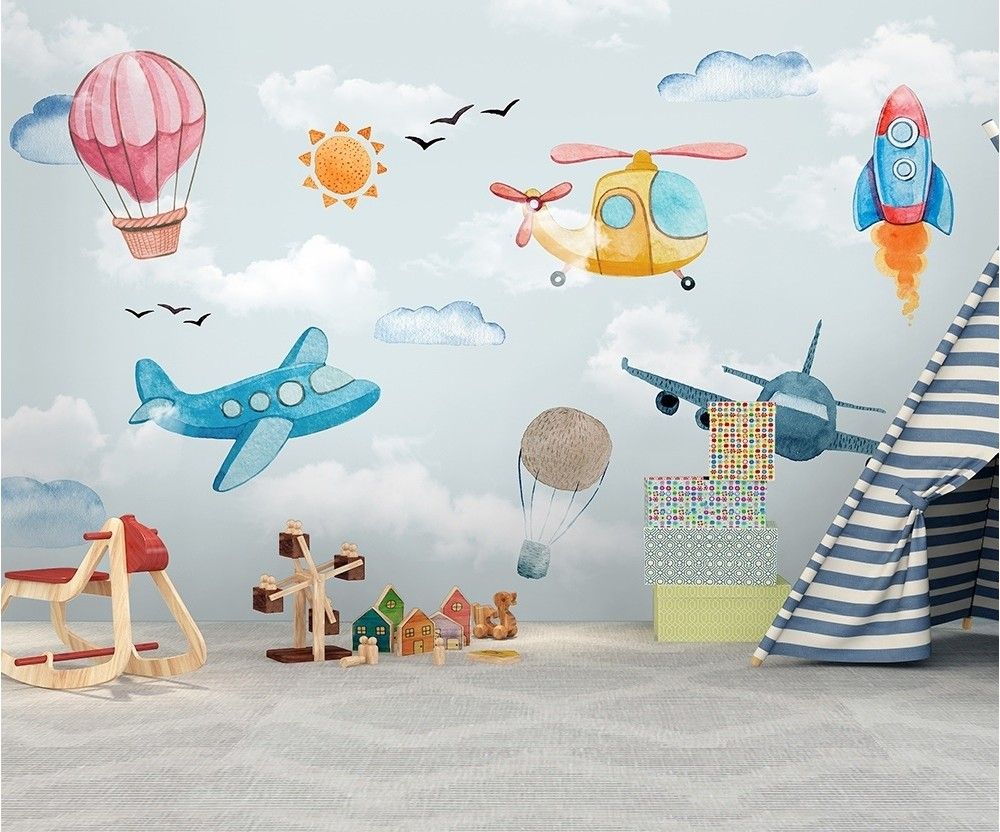 Cartoon Aircraft And Pink Hot Air Balloon Wallpaper Mural Kids Room Wallpaper Kids Wallpaper Kids Wall Murals