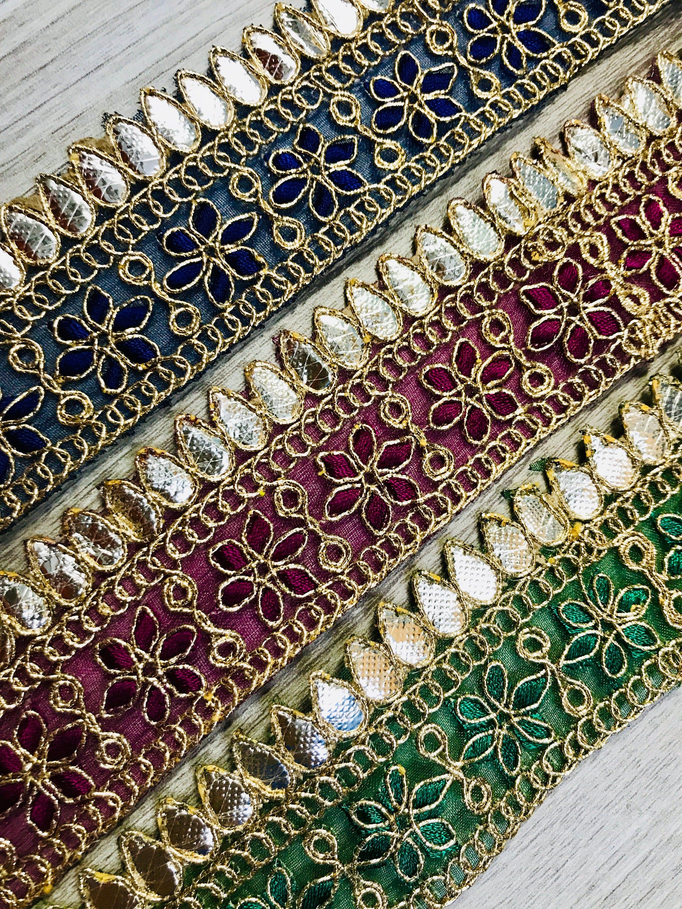 FabStitchIN Golden Embroidered Floral Trim Indian Sari Fabric Trim Saree Border Lehenga Sari Border Boho Skirt Art Quilt Fabric