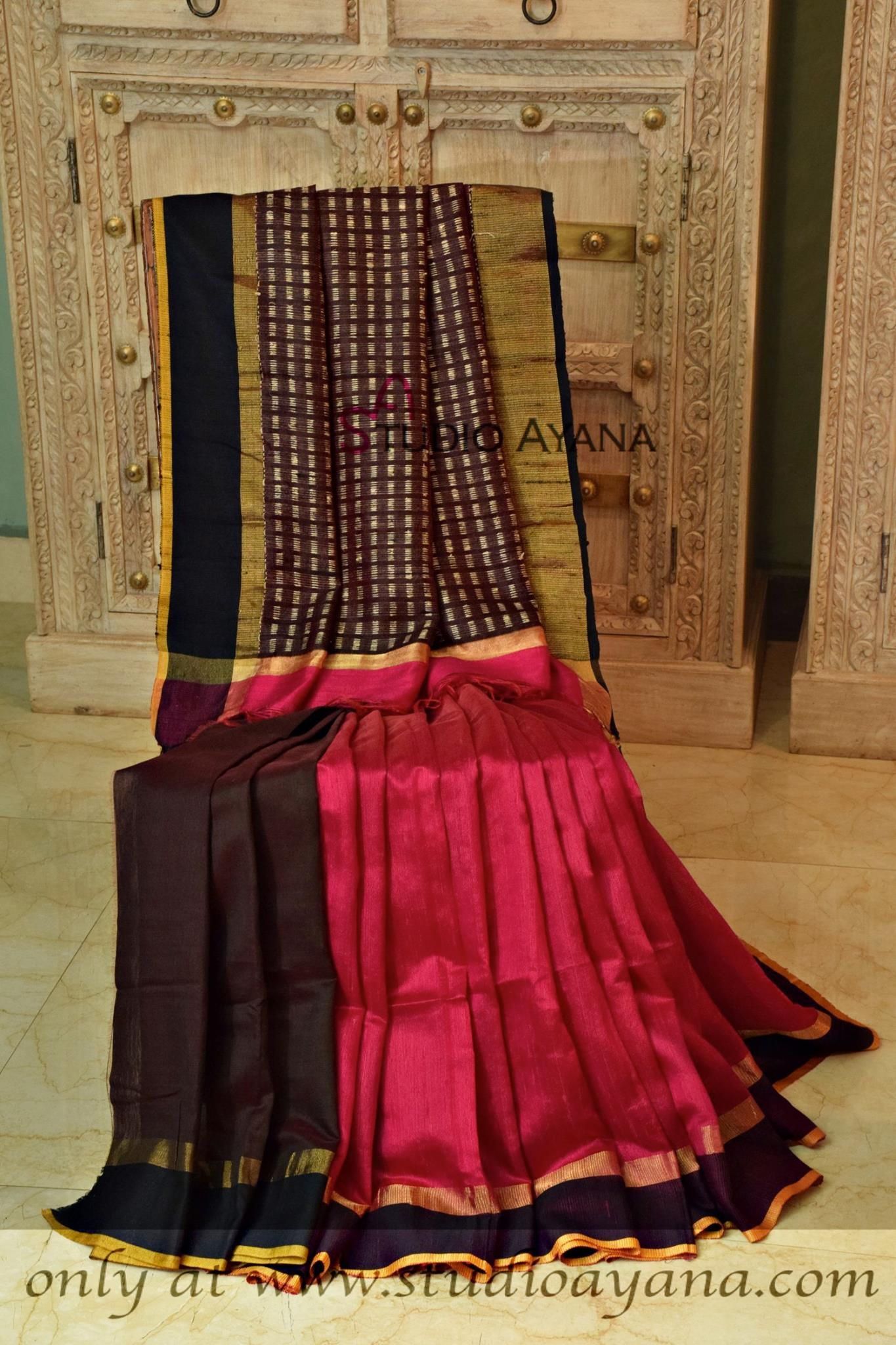 godiva handcrafted raw silk saree with jute finish from sachi designer saree studio