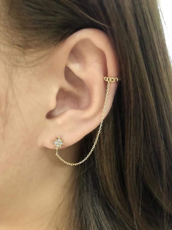 Trendy Leaf Ear Cuff & Chain .925 Sterling Silver Stud Earrings Trendy Leaf Ear Cuff & Chain .925 Sterling Silver Stud Earrings