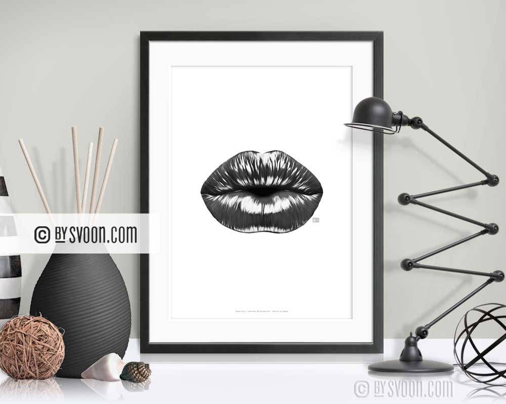 Black and White Fashion Portrait Print Kissing lips Poster Model in hat Wall Art Printable Wall Art Digital Download Fashion Poster