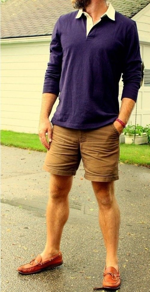 Men'S Violet Polo, Tan Shorts, Brown Leather Boat Shoes | Casual Shorts For  Men, Leather Boat Shoes, Mens Outfits