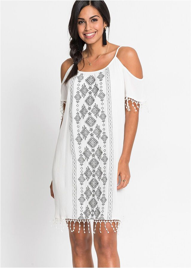 Nyári ruha kivágással és hímzéssel • gyapjúfehér/fekete • bonprix áruház Cold Shoulder Dress, Diy, Dresses, Fashion, Vestidos, Moda, Bricolage, Fashion Styles, Do It Yourself