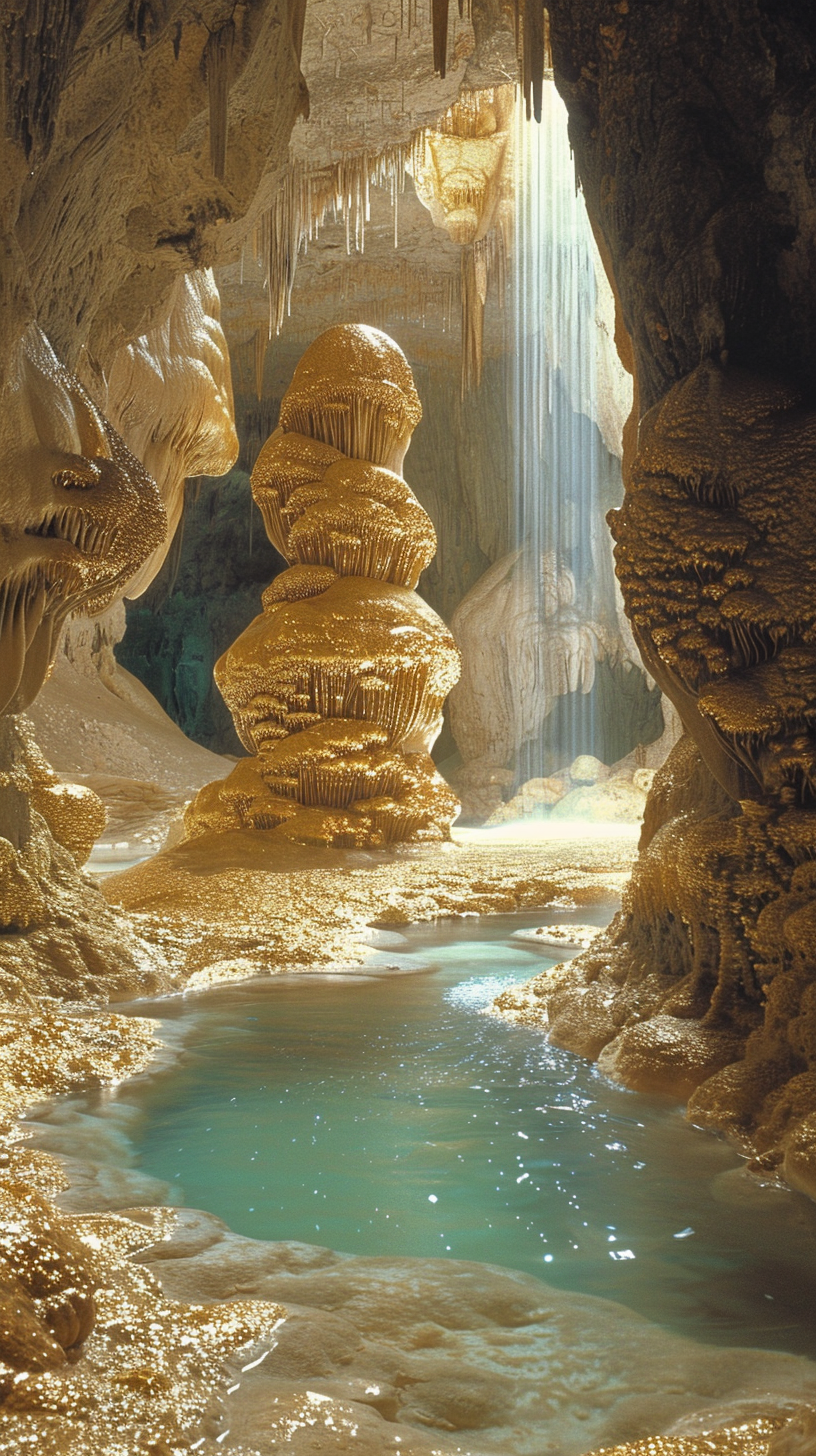 Natural Cave System with Walls, Floor, and Ceiling Composed of Gold