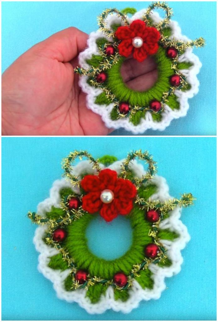 How To Crochet Tiny Christmas Wreath - Crochet Ideas Crochet Christmas Wreath, Crochet Christmas Decorations, Crochet Decoration, Holiday Crochet, Christmas Pins, Christmas Knitting, Diy Christmas Ornaments, Crochet Gifts, Christmas Wreaths