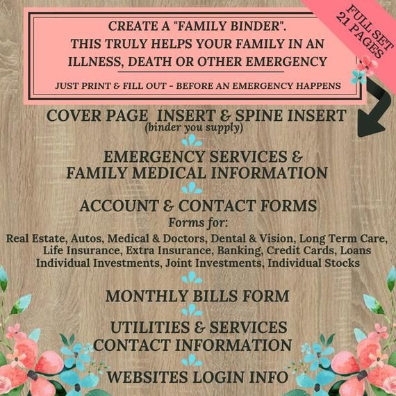 Family Binder ~ Important Documents ~ 21 Forms PLUS cover page ~ Have this information ready in case of any emergency or life event #importantdocuments