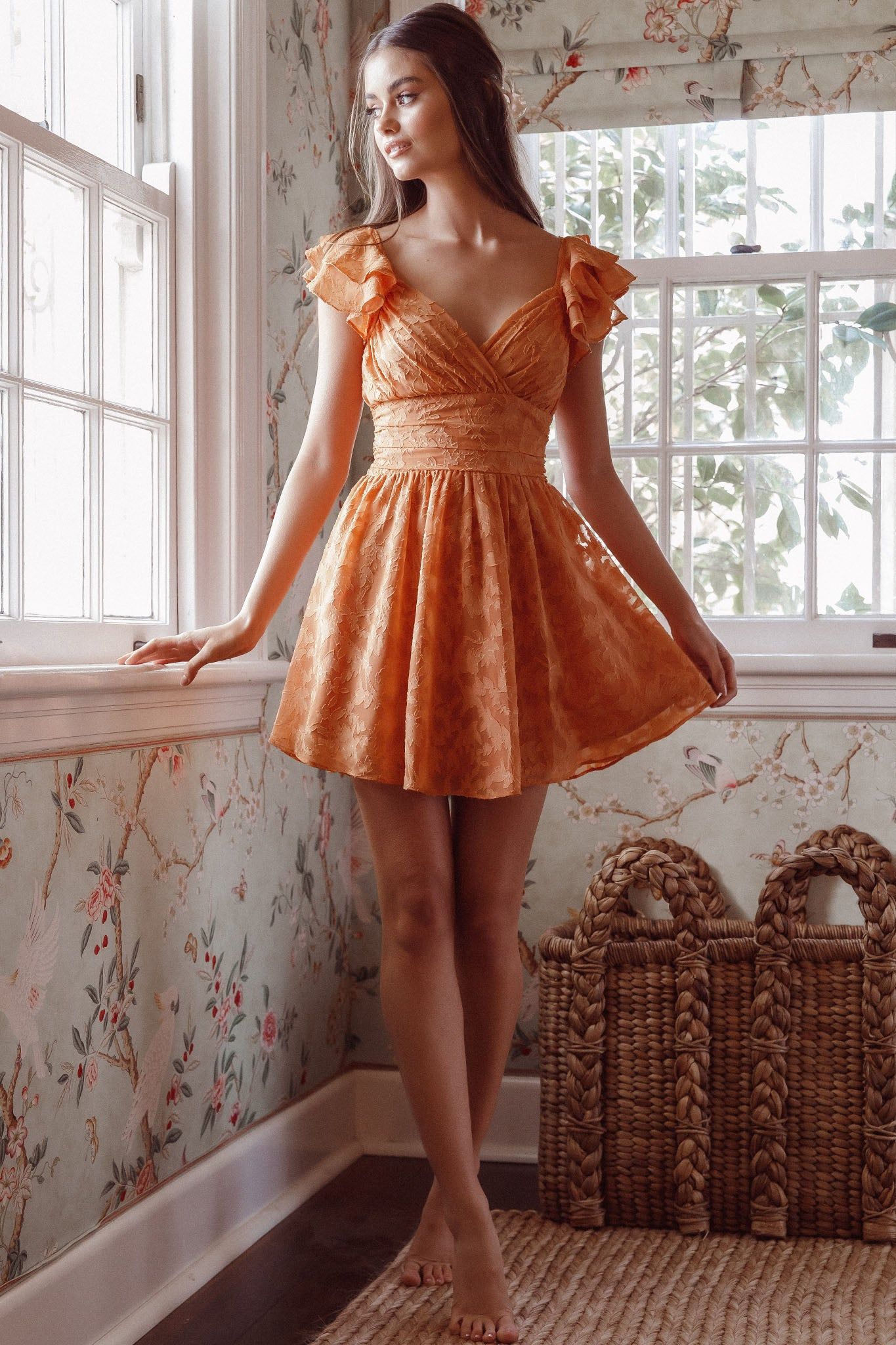 Lola Ruffle Shoulder Ruched Dress Textured Orange Hoco dresses, Burnt