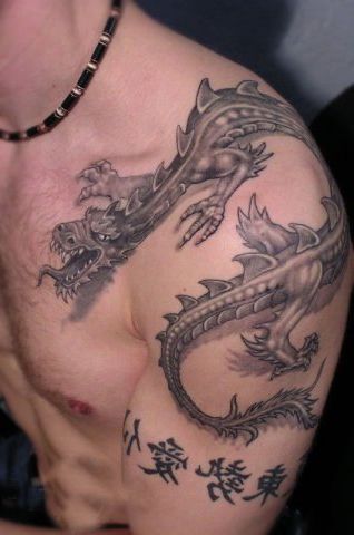 Black And Grey 3D Dragon Tattoo On Man Left Shoulder Tattoo Ideas