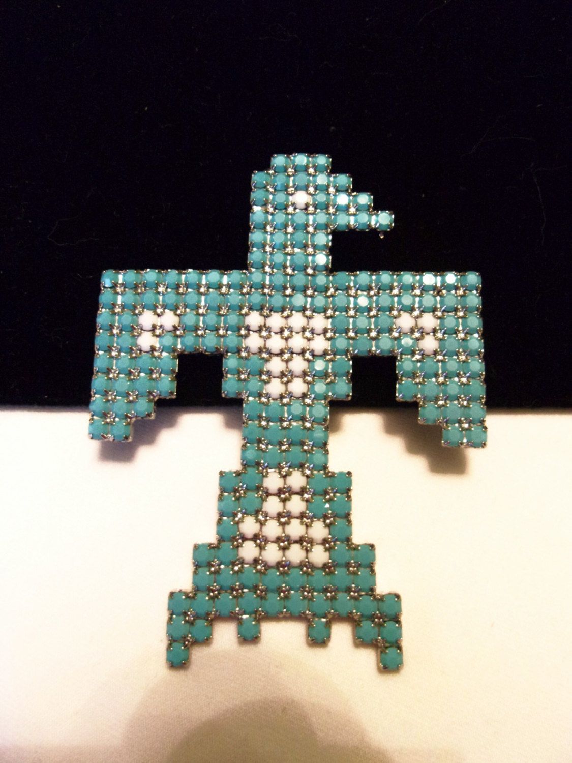 Dorothy Bauer Thunderbird Native American Design Glass Rhinestone Turquoise Blue Silver Plate Brooch Pin Vintage