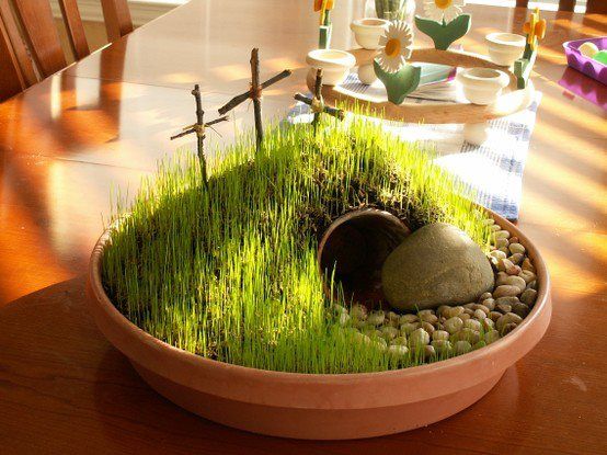 Plant an Easter Garden! Using potting soil, a tiny buried flower pot for the tomb, shade grass seed, & crosses made from twigs. Sprinkle grass seed generously on top of dirt, keep moistened using a spray water bottle. Spritz it several times a day. Set it in a warm sunny location. Sprouts in 7-10 days so plan ahead. The tomb is EMPTY! He is Risen! He is Risen indeed! ♥ Easter Crafts, Holiday Crafts, Holiday Fun, Easter Ideas, Easter Decor, Easter Projects, Easter Diy, Easter Eggs, Holiday Ideas