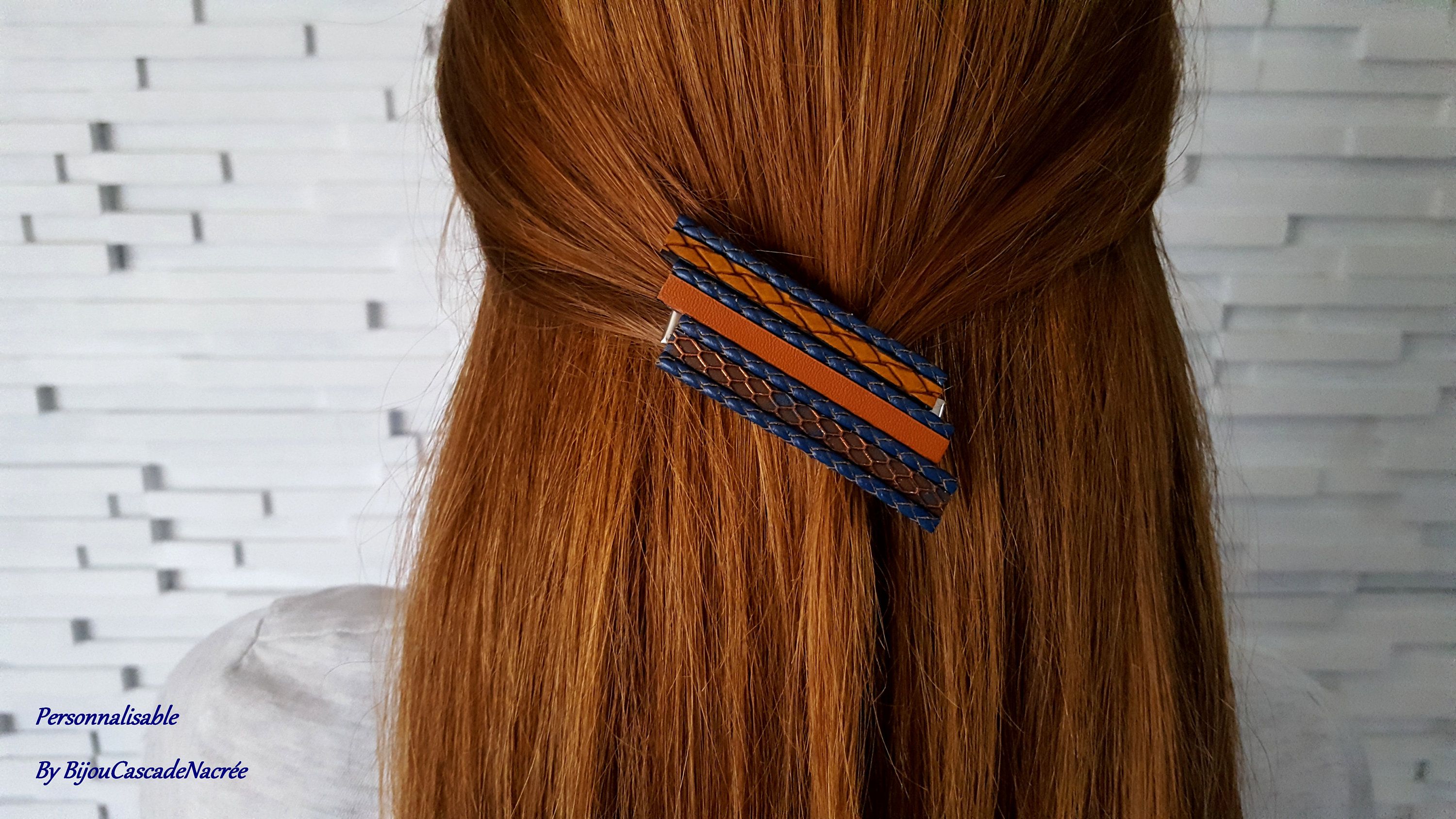 accessoire cheveux - barrette cheveux - bleu marine camel - pince cheveux-clip coiffure-cuir fait main-broche bijou cuir - liège cadeau noel