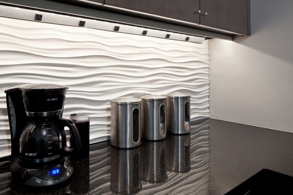Interior Amazing Kitchen Decoration Ideas Using White Modular Art Interior Amazing Kitchen Decoration Ideas Using White Modular Art Wall Panels Backsplash Including Black Granite Counter Tops And Under Cabinet