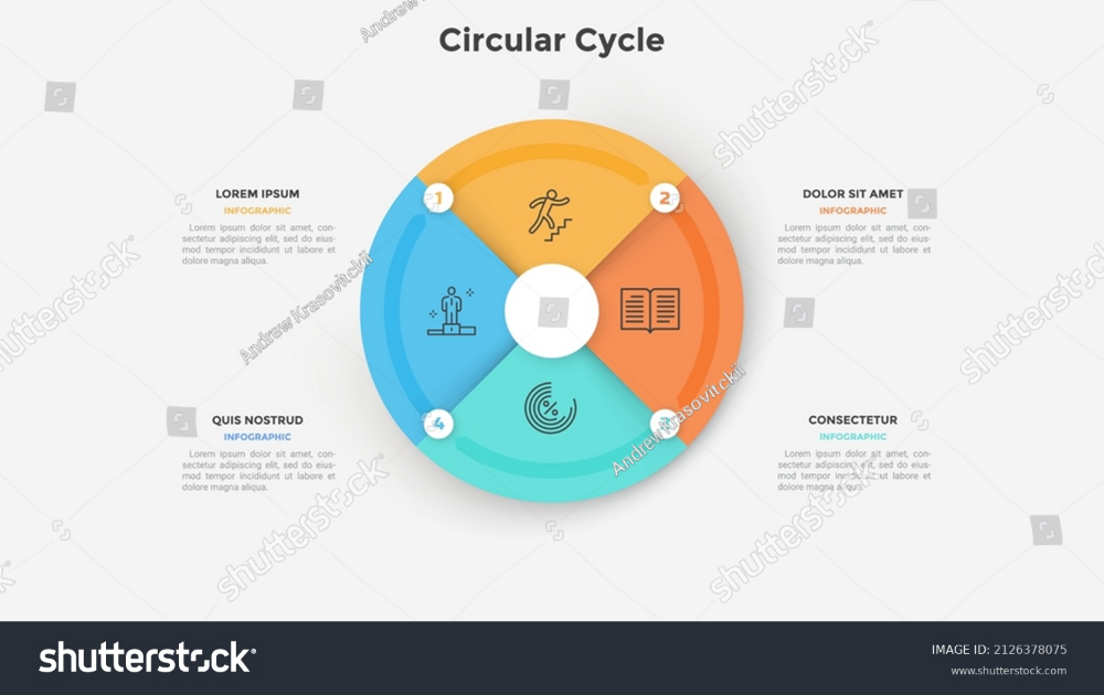 Circular Pie Chart Divided Into Four: стоковая векторная графика (без лицензионных платежей), 2126378075 Business Infographic, Infographic Templates, Annual Report Design, Page Template, Data Visualization, Isometric, Graphic Design Inspiration, Vector Graphics, Lorem Ipsum