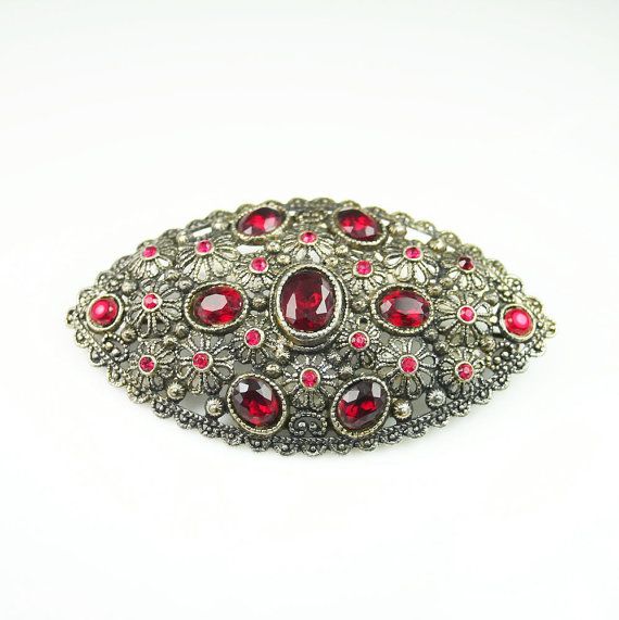 art deco brooch new england glassworks red glass rhinestone silver new england glass works