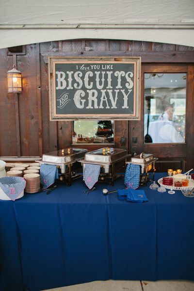 biscuits + gravy bar! | Sara & Rocky Wedding Brunch Reception, Wedding Buffet, Reception Food, Bridal Brunch, Wedding Bar, Wedding Receptions, Wedding Breakfast Buffet, Wedding Ideas, Wedding Catering